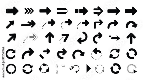 Collection of various black arrow icons on white background