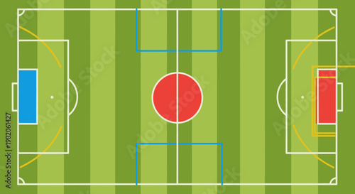 Top view of a football (soccer) field with goal areas and lines, sport game strategy layout.