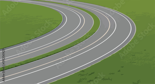 Curved Two-Lane Asphalt Road with White Markings on Green Grass Vector