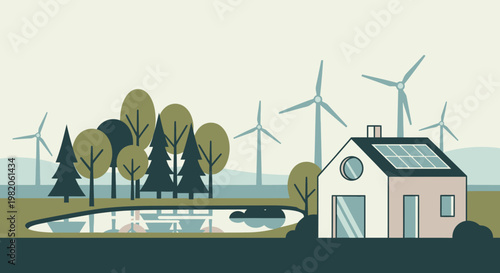 Eco-friendly house with solar panels and wind turbines in a green landscape, sustainable energy concept.