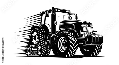 Powerful agricultural tractor, a heavy farm machine, in a bold black and white illustration style, on an isolated white background.