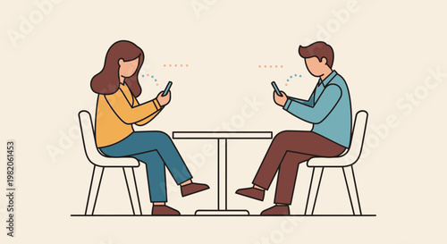 Two people, a man and a woman, sitting at a table engrossed in their smartphones, illustrating social disconnection despite being together, in a bright studio.