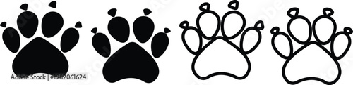 Dog paw footprint icon set collection group, canine pawprint track footprint symbol vector pack, pet animal claw marks, flat and line style black icons isolated on transparent background