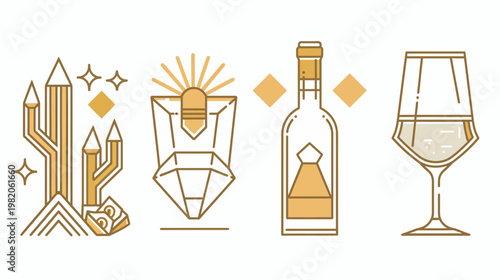 Four line icons castle, radiant gem, bottle, filled wine glass, golden tan on white
