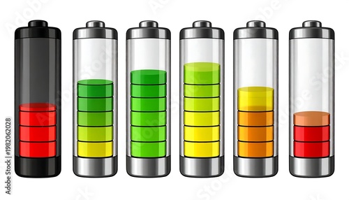 Six batteries showing different charge levels, ranging from empty to full, depicted with varying colors