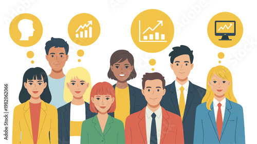 Diverse group of business people with thought bubbles about graphs and statistics