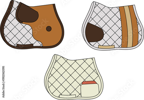 Three horse saddle pads in different designs and colors on a white background equestrian horse tack