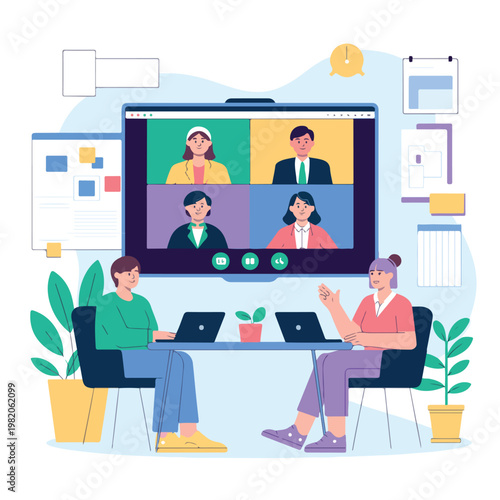 A minimalist vector illustration of two people in a virtual meeting with others on a large screen