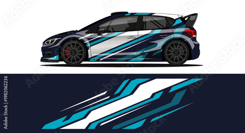 Sleek blue and white race car with bold graphics and dynamic livery for track performance.