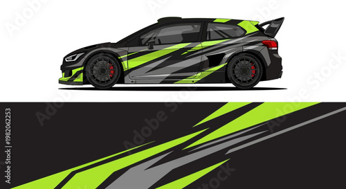 Side view of a bold neon-green and black race car with dynamic angular graphics on a track.