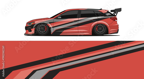 Dynamic red sportscar with bold black racing stripes and aerodynamic decals.