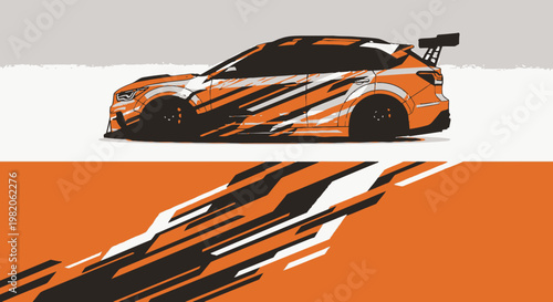 Stylized orange racing car with bold black graphics on white and orange background.