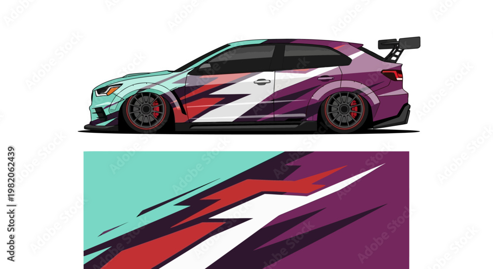 Fototapeta premium Two vibrant racing cars with bold geometric livery in a stacked split-color composition.