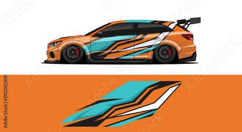 Orange and teal racecar with bold graphics and side view decal design.