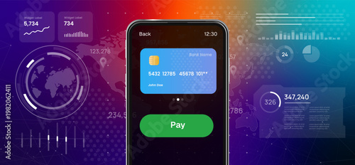 Smartphone with credit card on screen online payment and mobile banking digital futuristic background for ecommerce transaction and financial technology services