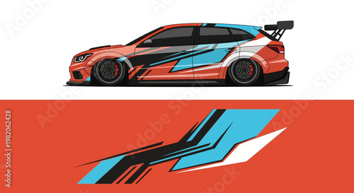Dynamic red race car with blue graphics on a bold racing banner.