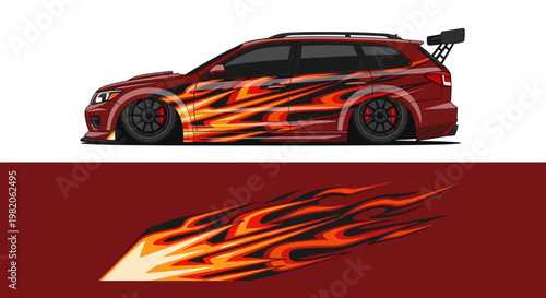 A striking red sports car with bold flame graphics and dynamic design details.