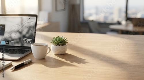 High-end minimalist remote work desk setup with a sleek laptop, a cup of coffee, and a potted succulent. Soft natural sunlight creating beautiful shadows, ample copy space on the right side.