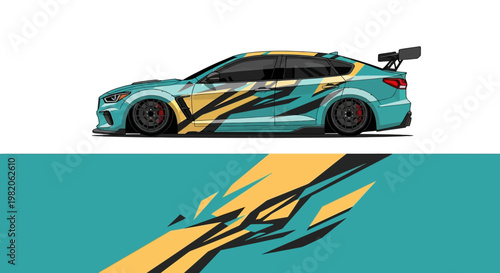 Sleek teal and yellow race car illustrate dynamic design and speed.