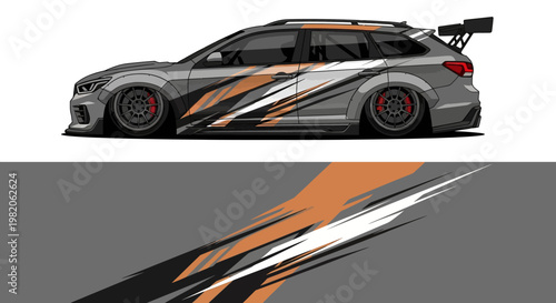 High speed race car with bold orange black white graphic livery on track.