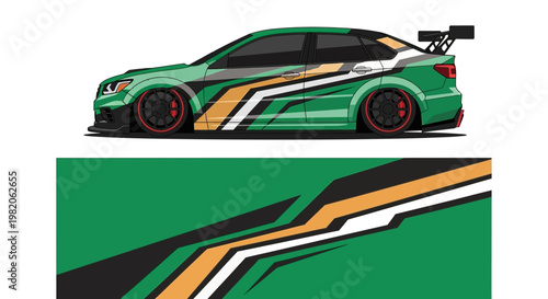 Stylized green racing car with bold black and gold stripes and aerodynamic design.