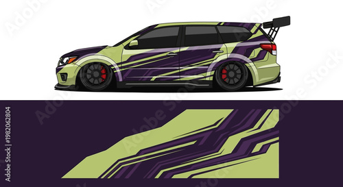 Stylized lime and purple racing car with bold graphics on dark backdrop.