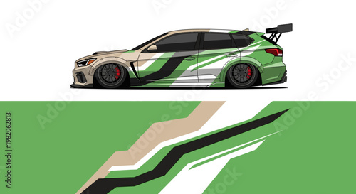 Sleek green and white race car with bold graphic livery and abstract geometric shapes.
