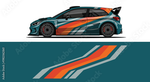 Graphic illustration of a teal and orange race car with dynamic stripes.