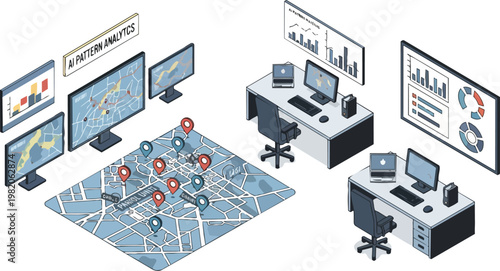 Isometric Concept of an AI Pattern Analytics Office with GPS Map Tracking, City Patrol Surveillance, and Data Visualization Dashboards for Smart City Management
