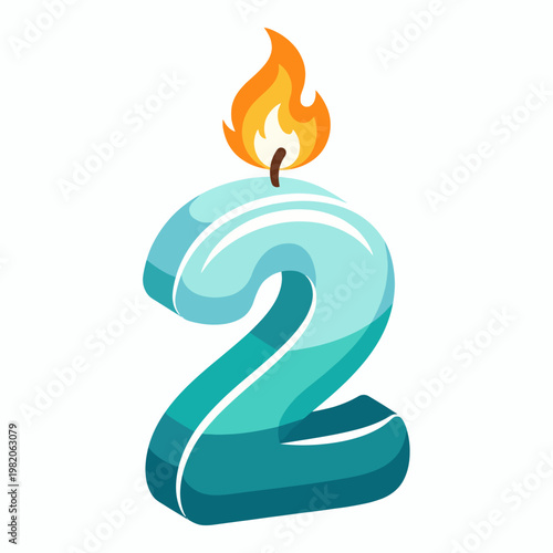 A vibrant and playful illustration of the number 2 with a candle flame atop, perfect for birthday celebrations or anniversaries, capturing a festive and joyful atmosphere.