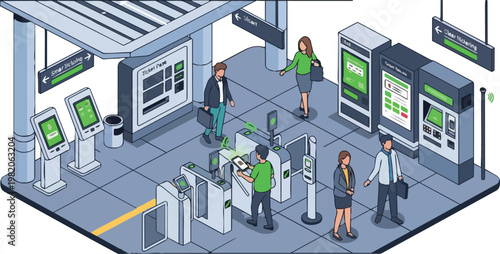 Modern Smart City Transport Hub with Isometric Commuters and Digital NFC Payment Systems