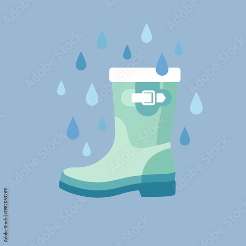 A charming illustration of a stylish rain boot against a light blue background, adorned with raindrops, embodying fun and practical fashion for wet weather.