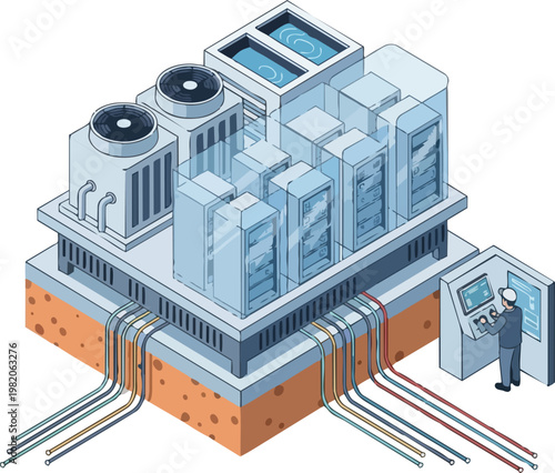 Isometric Data Center Infrastructure with Server Racks, Immersion Cooling System, and Network Cabling