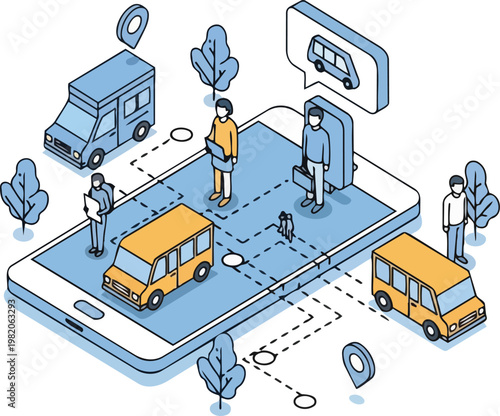 Isometric Public Transportation App Concept with Mobile Bus Tracking and Urban Transit Navigation