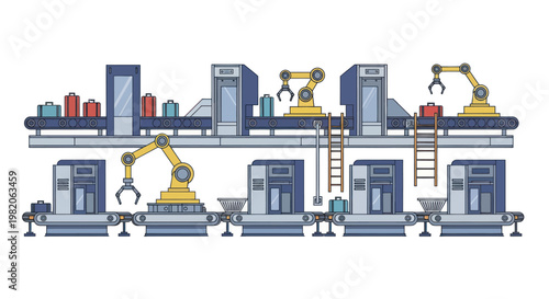 Automated factory production line with robotic arms and conveyor belts.