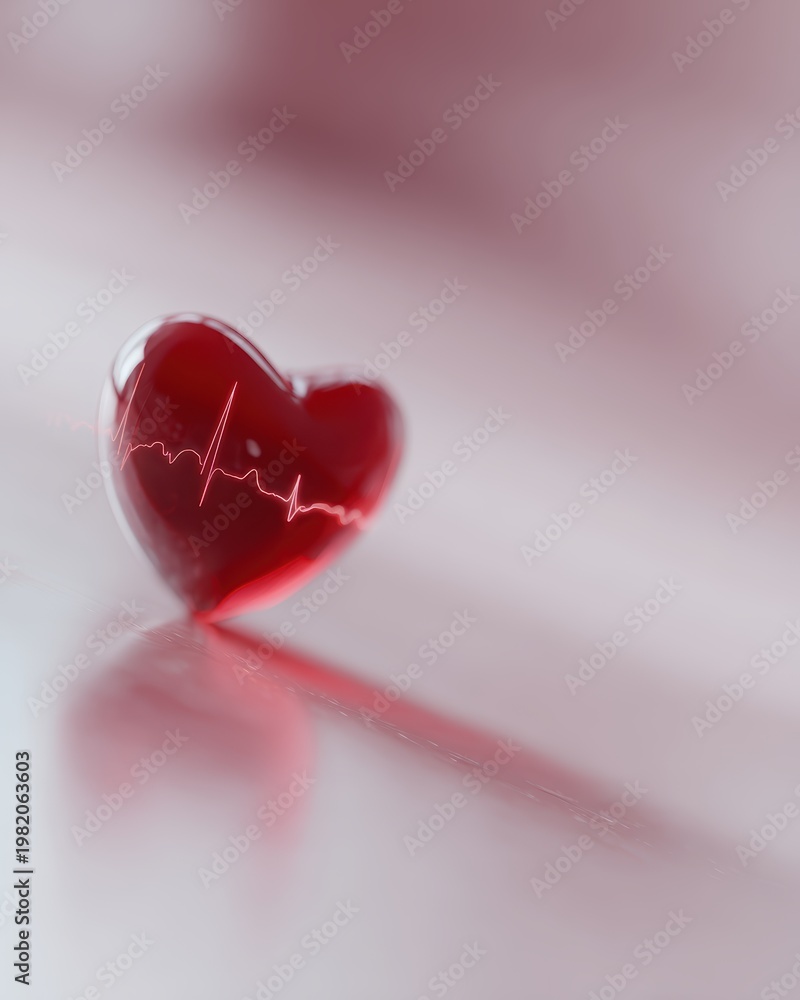 Fototapeta premium 3D render of a red heart with a digital pulse line around it, health monitoring icon