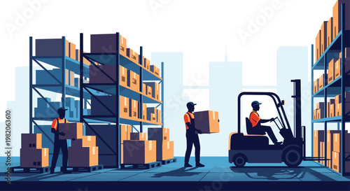 Warehouse workers are busy loading boxes onto shelves, with one operating a forklift in a large, modern logistics center.