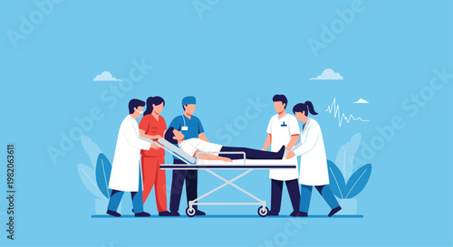 A medical team of doctors and nurses urgently transports a patient on a stretcher in a hospital emergency response situation.