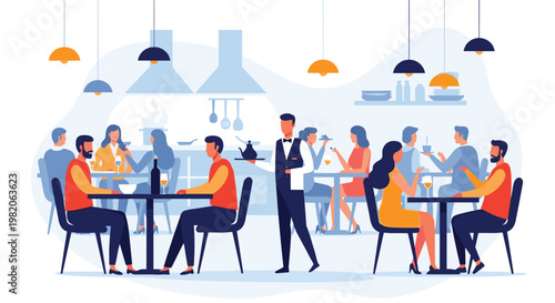 A bustling restaurant scene with many customers dining at tables, while a waiter serves food in a modern, open-kitchen setting.