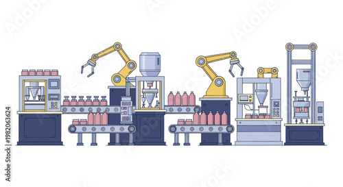 Automated Beverage Production Line with Robotic Arms and Conveyor Belts.