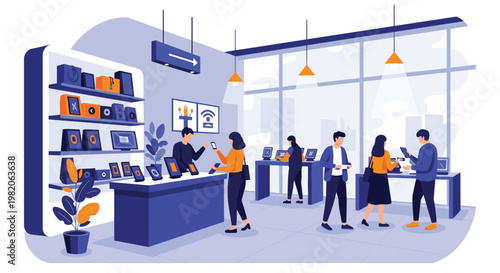 Customers are browsing and buying smartphones and other gadgets in a modern, well-lit electronics store with a helpful clerk.