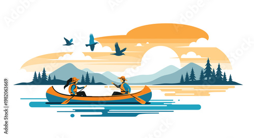A couple in life vests is paddling a canoe on a calm lake at sunset, with mountains, forests, and birds in the background.
