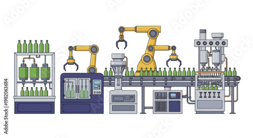 Automated Bottle Filling and Packaging Line in a Factory.