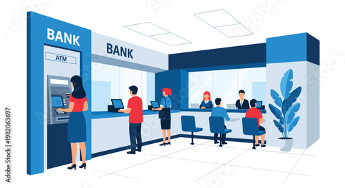 A busy bank interior with customers waiting in line, talking to tellers, and using an ATM for financial transactions and service.
