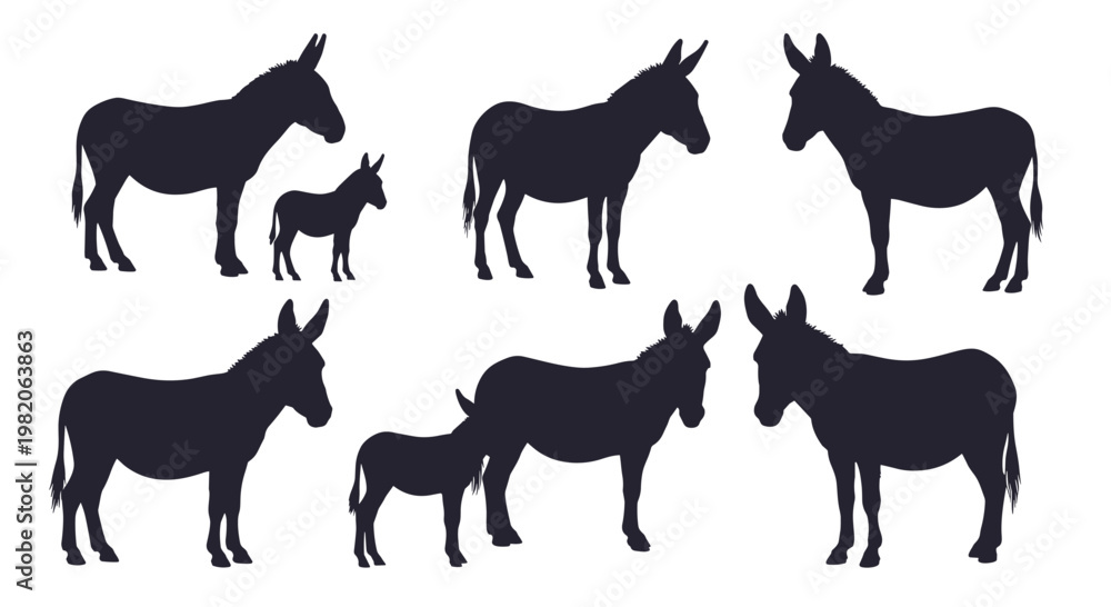 Fototapeta premium Collection of black silhouettes of donkeys and their foals in various standing poses, illustrating farm animals on a clean white background.