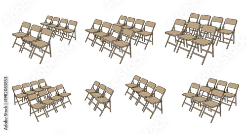 Collection of empty beige folding chairs arranged in organized rows, ready for a meeting, conference, seminar, or public event on a white background.