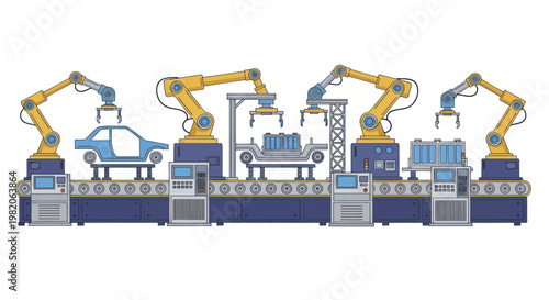 Automated Car Manufacturing Assembly Line with Robotic Arms.