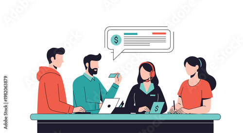 Financial advisors and customer service representatives meeting with clients at a bank to discuss transactions, investments, and financial support.