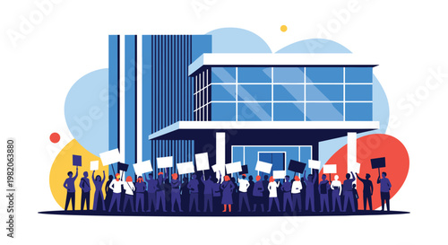 Large crowd of diverse people protesting or on strike with blank signs and banners in front of a modern office building, demanding social change.