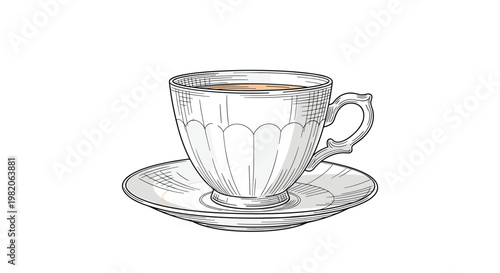 Elegant, vintage teacup and saucer filled with tea, depicted in a detailed black and white hand-drawn sketch or engraving art style on a clean background.